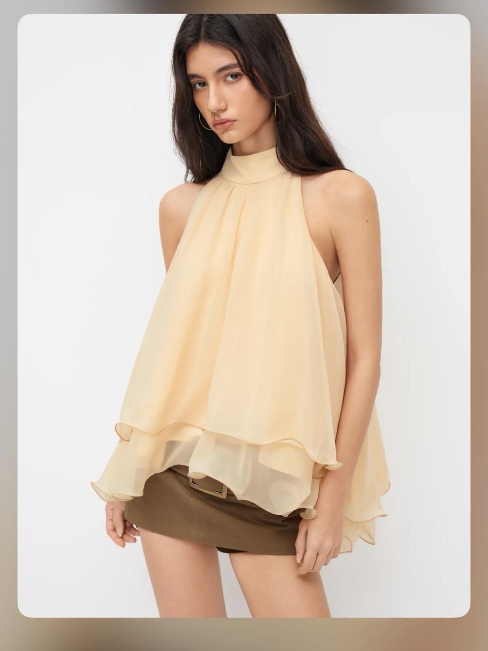 HALTER NECKLINE KNOTTED LAYERED RUFFLE HEM BLOUSE XL WC11-53